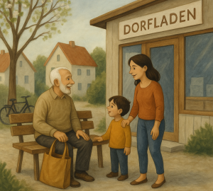 Älterer Mann sitzt vor einem modernen Dorfladen auf einer Bank und unterhält sich mit einer jungen Mutter und ihrem Kind. Im Hintergrund traditionelle Häuser, ein blühender Baum und ein Fahrrad – die Szene vermittelt ländliche Gemeinschaft und Nähe.