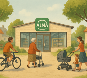 Moderne Dorfszene bei Tageslicht mit einem zentral gelegenen Selbstbedienungsladen „Alma“. Eine Seniorin mit Rollator, ein Jugendlicher auf dem Fahrrad und eine Mutter mit Kinderwagen nähern sich dem Laden aus verschiedenen Richtungen. Der Bereich ist autofrei, umgeben von Bäumen, mit einer kleinen Bank neben dem Eingang. Die Szene vermittelt Inklusion, Unabhängigkeit und ein menschzentriertes Dorfleben.