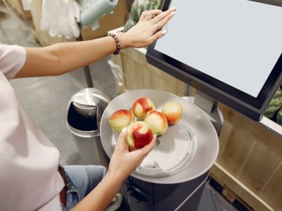 Äpfel wiegen Frau berührt den Monitor einer Waage und legt Äpfel in die Schüssel in einem modernen und hellen Supermarkt